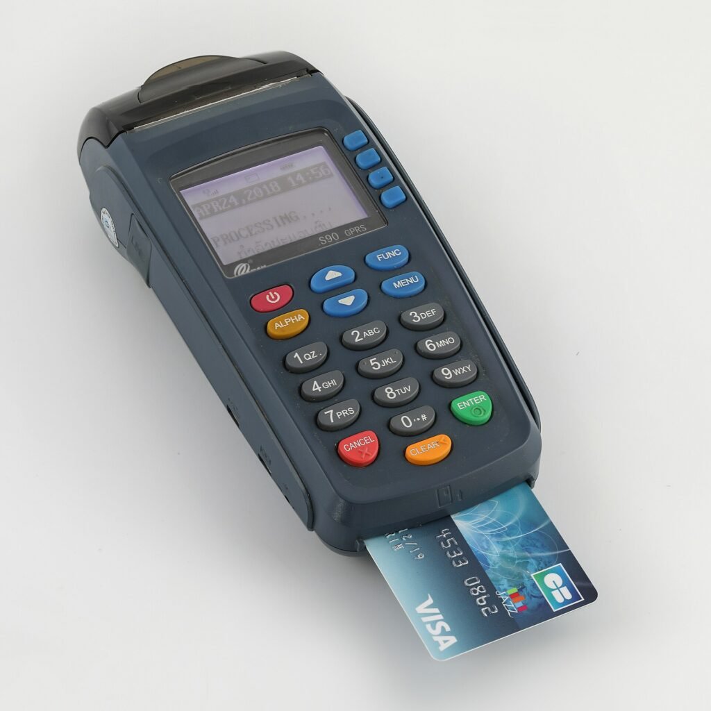 A card payment terminal processing a transaction with a bank card inserted