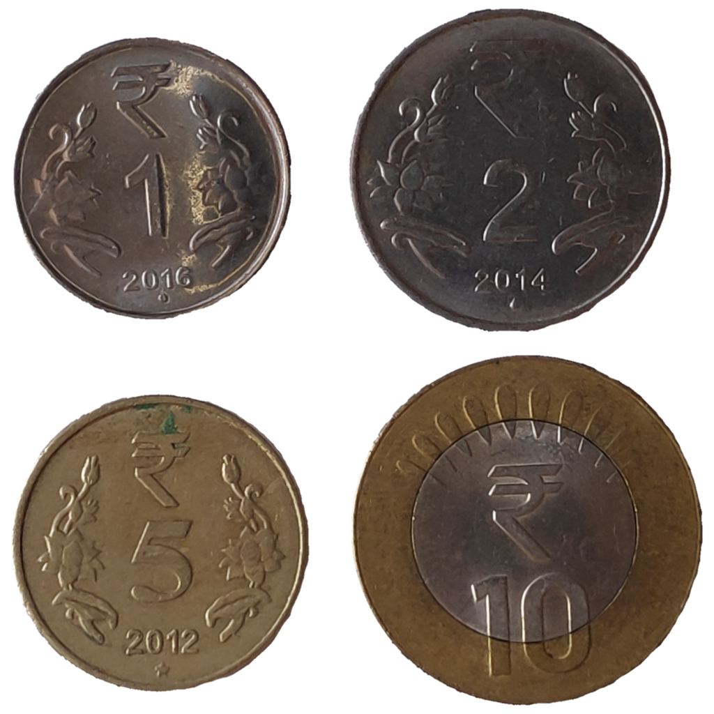 A set of Indian rupee coins of different denominations