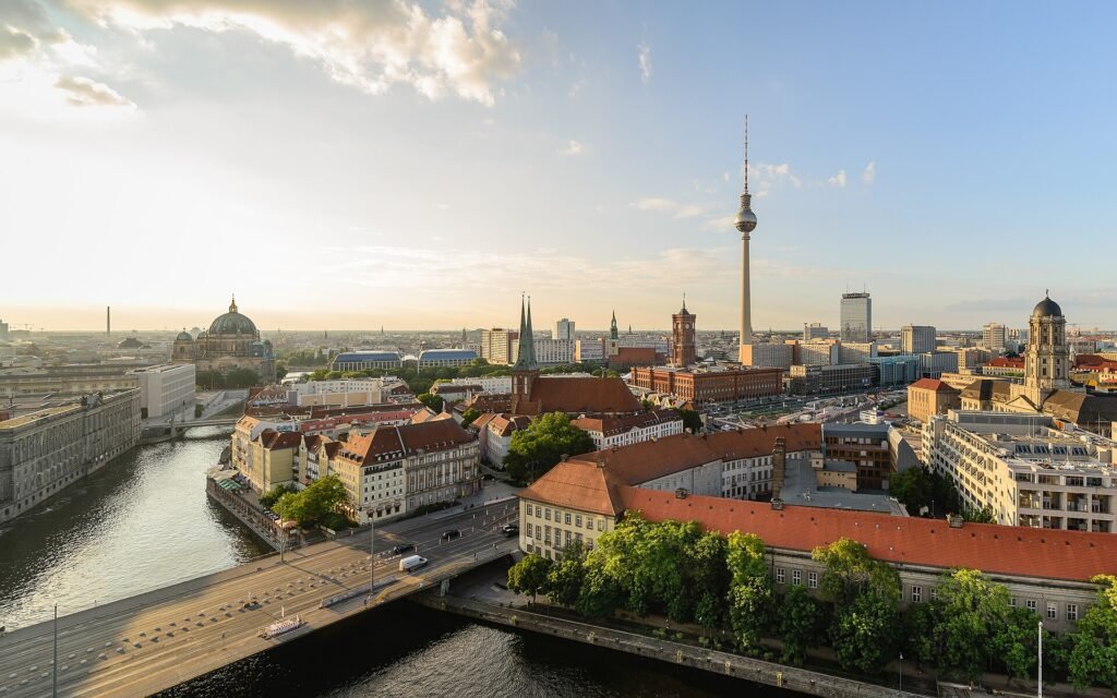 Aerial view of central Berlin with the TV tower and city rooftops