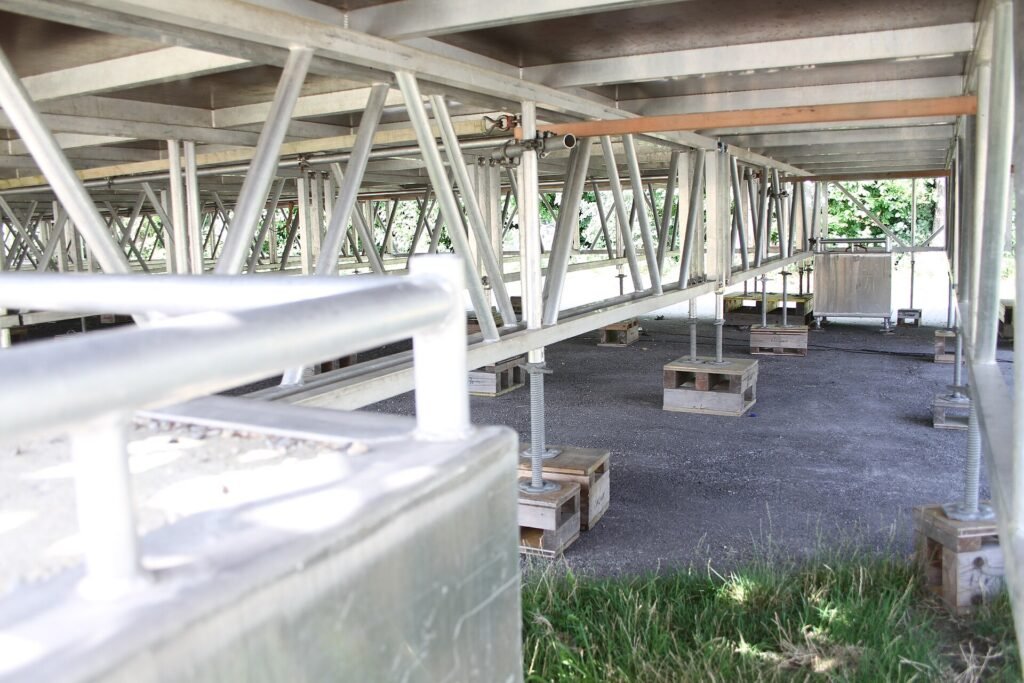 Aluminium truss sections used as the substructure beneath an event stage