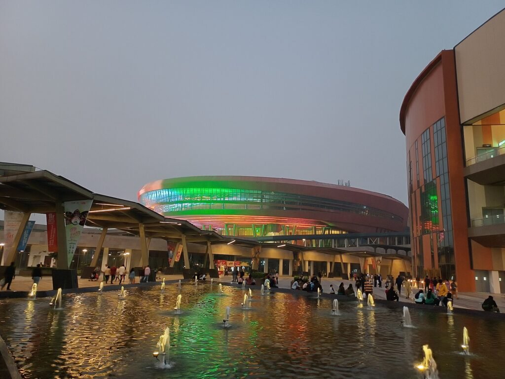 Bharat Mandapam convention centre in New Delhi lit up at night