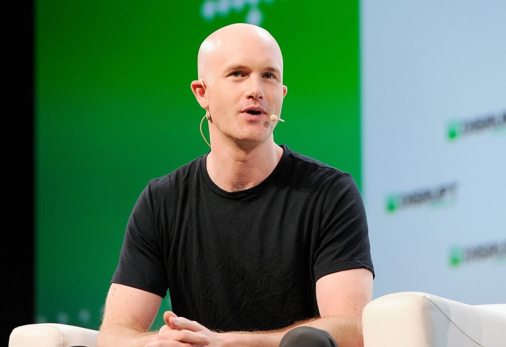 Brian Armstrong speaking during an on-stage interview at TechCrunch Disrupt 2018