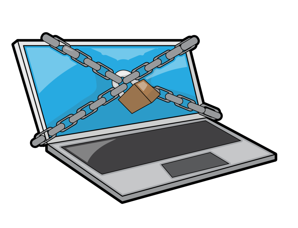 Cartoon of a laptop whose screen is wrapped in a chain and secured with a padlock
