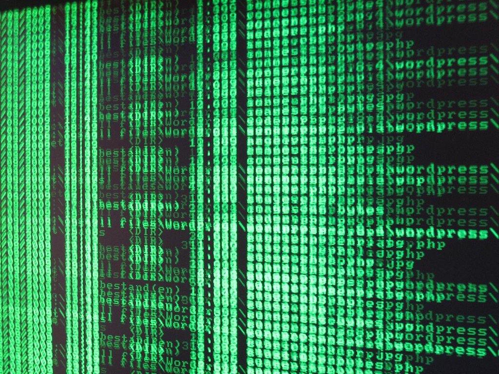 Close-up of green command-line text scrolling on a dark computer screen