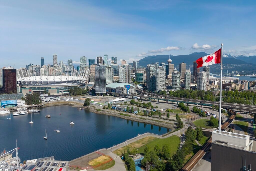 Downtown Vancouver skyline with the North Shore mountains behind it