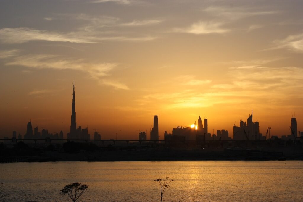 Dubai skyline in the evening with the Burj Khalifa