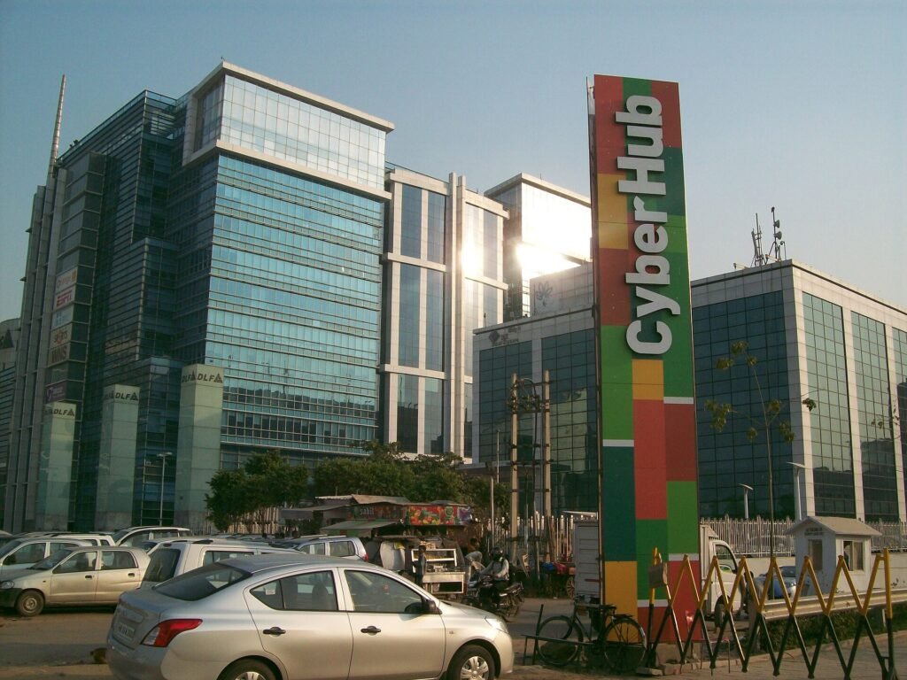 Evening view of the CyberHub shopping and dining district in Gurugram