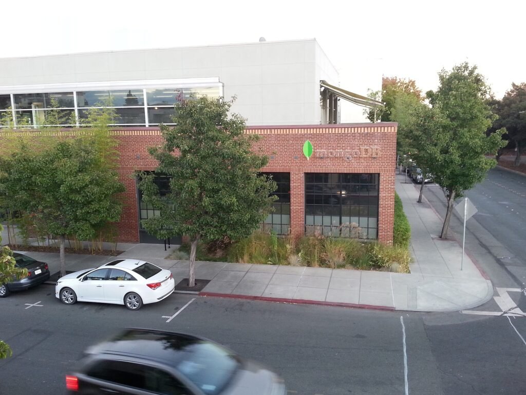 Exterior of a MongoDB office building in Palo Alto with company signage