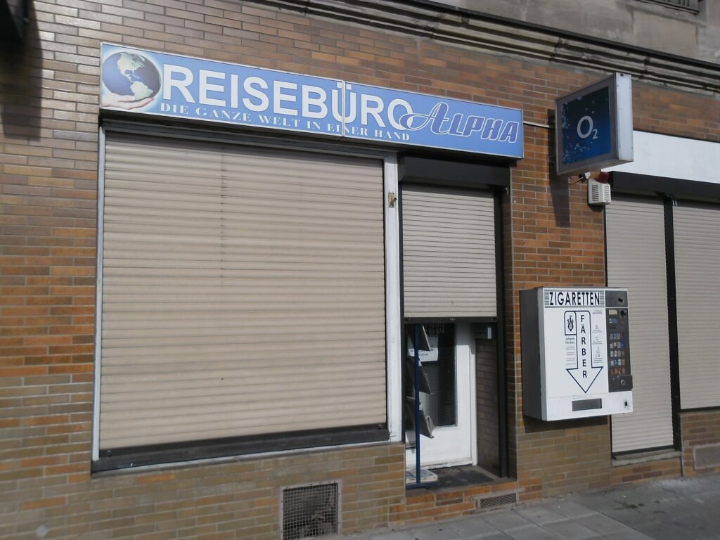 Exterior of a small high-street travel agency in Nuremberg, Germany