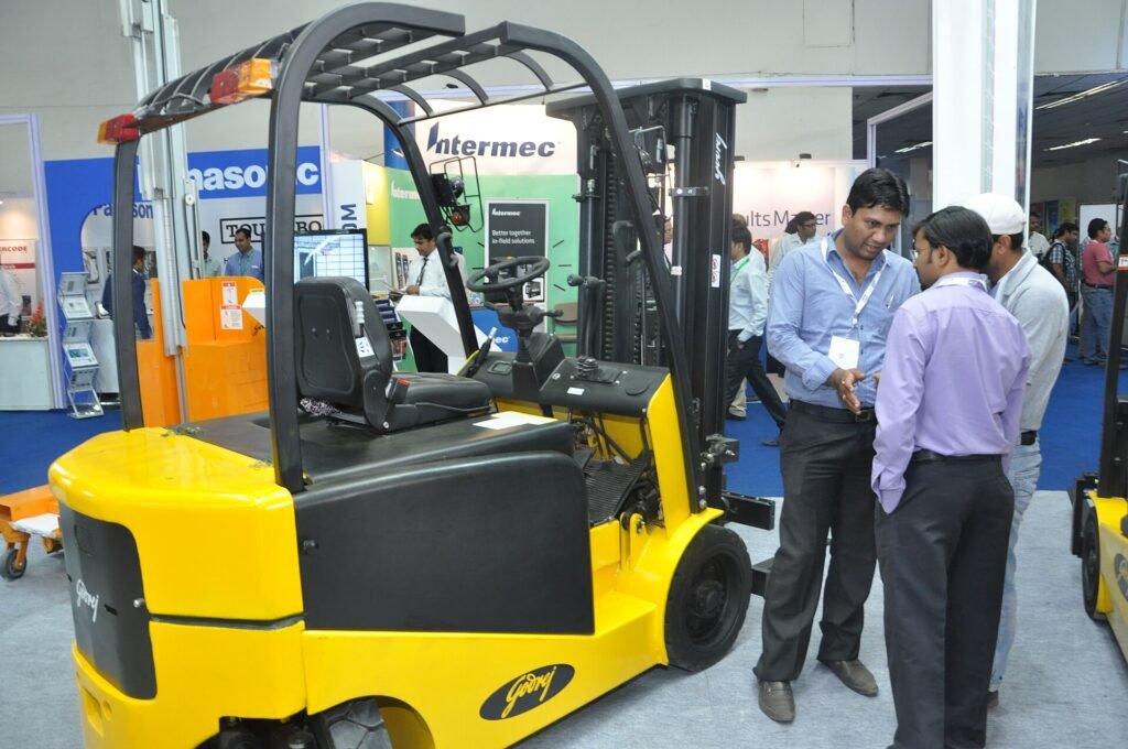 Forklifts and material handling equipment on display at the India Warehousing Show
