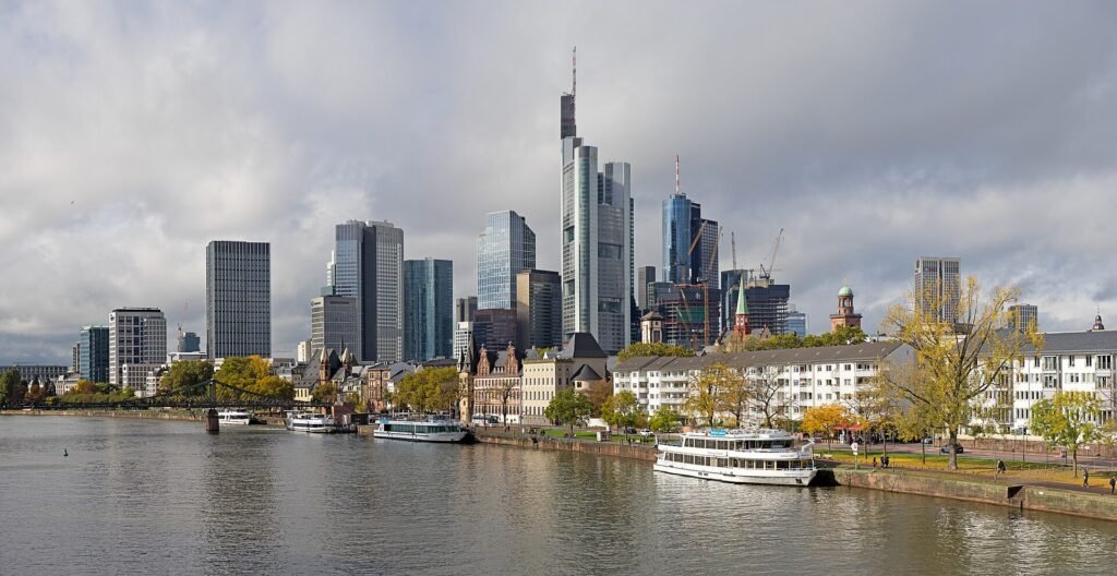 Frankfurt am Main skyline with its banking towers along the river Main