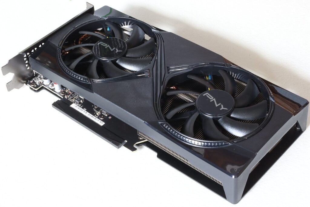 Front of a PNY Nvidia GeForce RTX 5060 Ti 16GB dual-fan graphics card