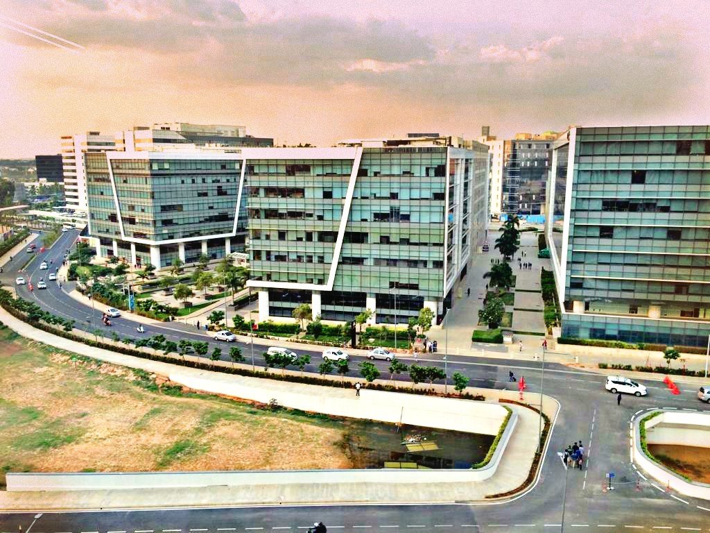 Glass office buildings at Embassy Tech Village business park in Bengaluru
