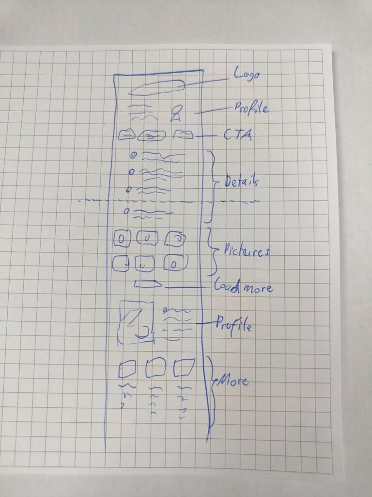 Hand-drawn sketch of a mobile app interface in blue pen on grid paper