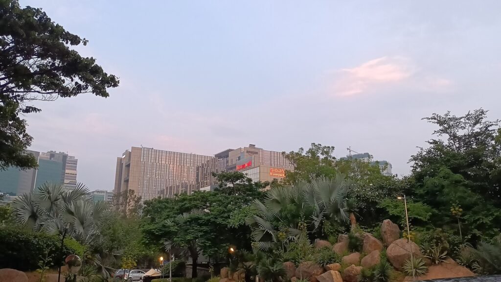 High-rise buildings in Gachibowli, Hyderabad, at dusk