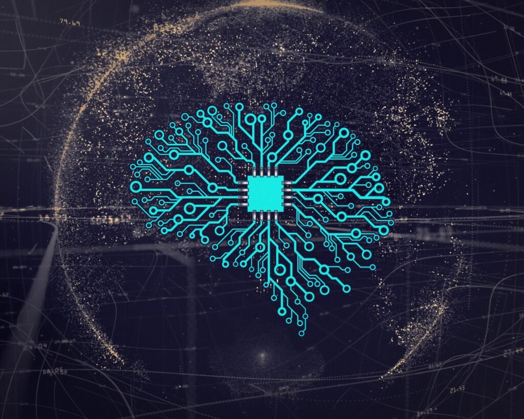 Illustration of a brain-shaped circuit pattern around a microchip on a dark background