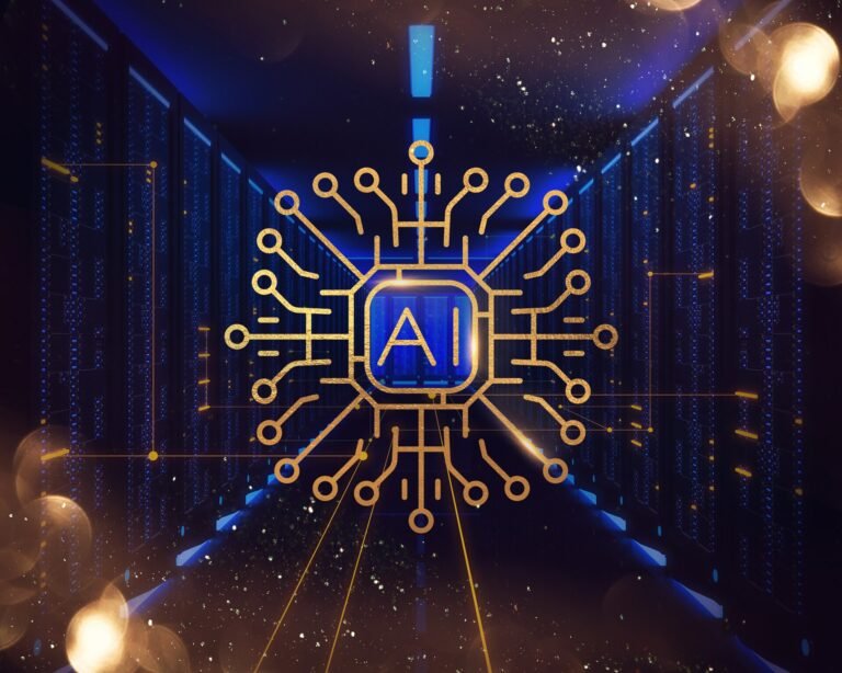 Illustration of a glowing AI chip with circuit lines against a dark server-room background