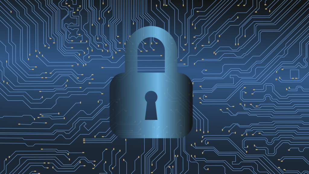 Illustration of a padlock over a blue circuit board pattern
