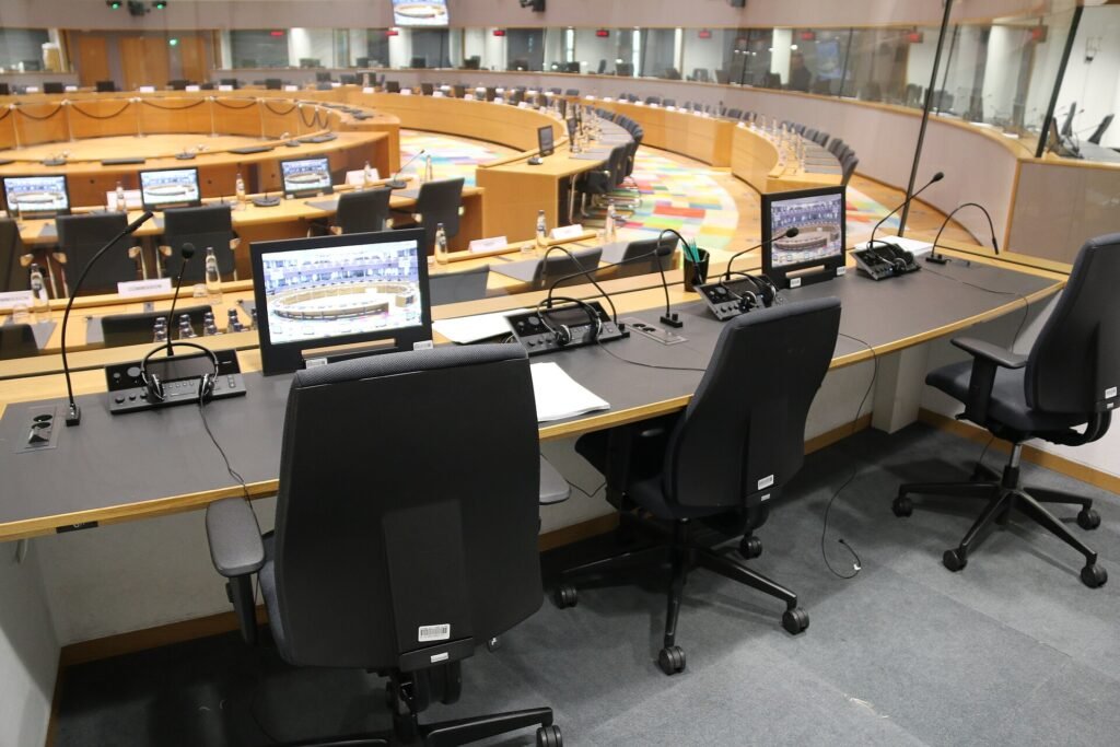 Interpreting booth in the European Union's Europa building in Brussels