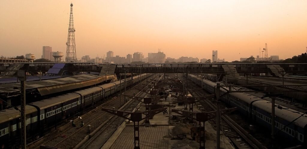 New Delhi skyline at dusk with buildings and trees