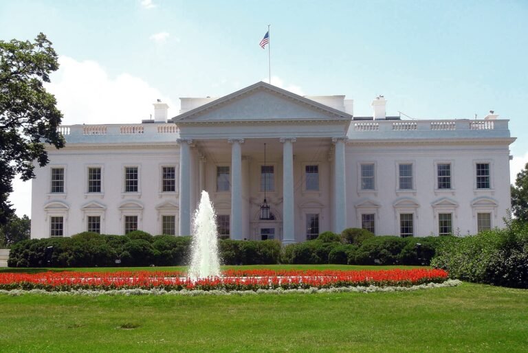 North facade of the White House in Washington, DC, with its columned portico and front lawn