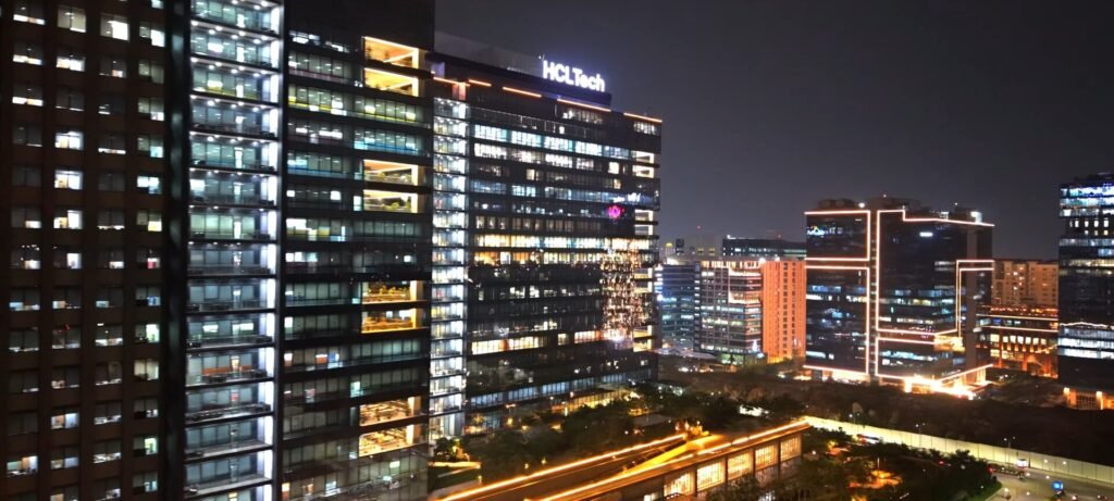 Office towers of Hi-Tech City in Hyderabad lit up at night