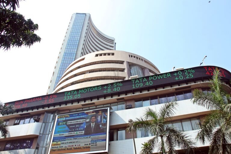 Phiroze Jeejeebhoy Towers, the BSE building on Dalal Street in Mumbai, with a stock ticker on its facade