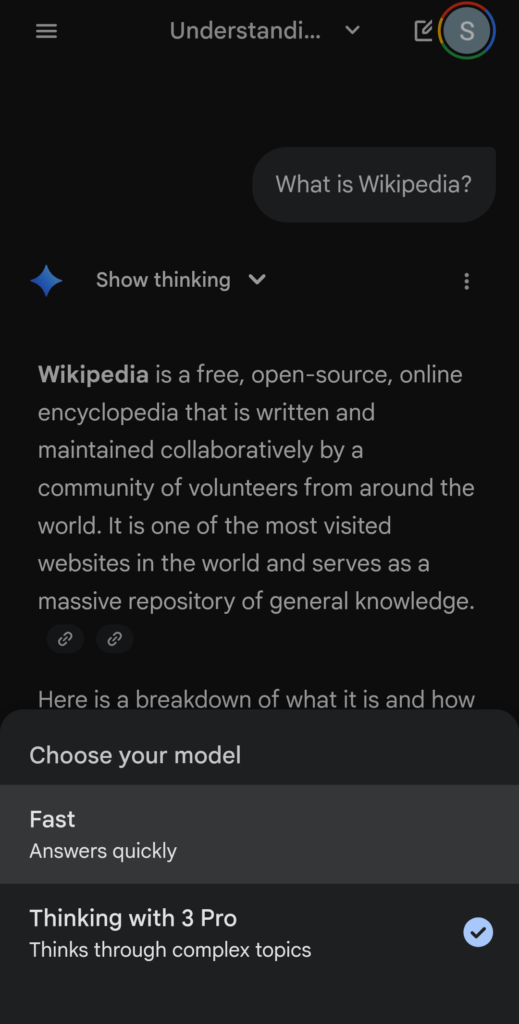 Phone screenshot of the Gemini web app's model switcher menu listing two Gemini models