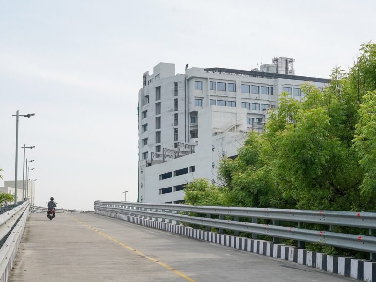 Ramp bridge and glass office buildings at IIT Madras Research Park in Chennai