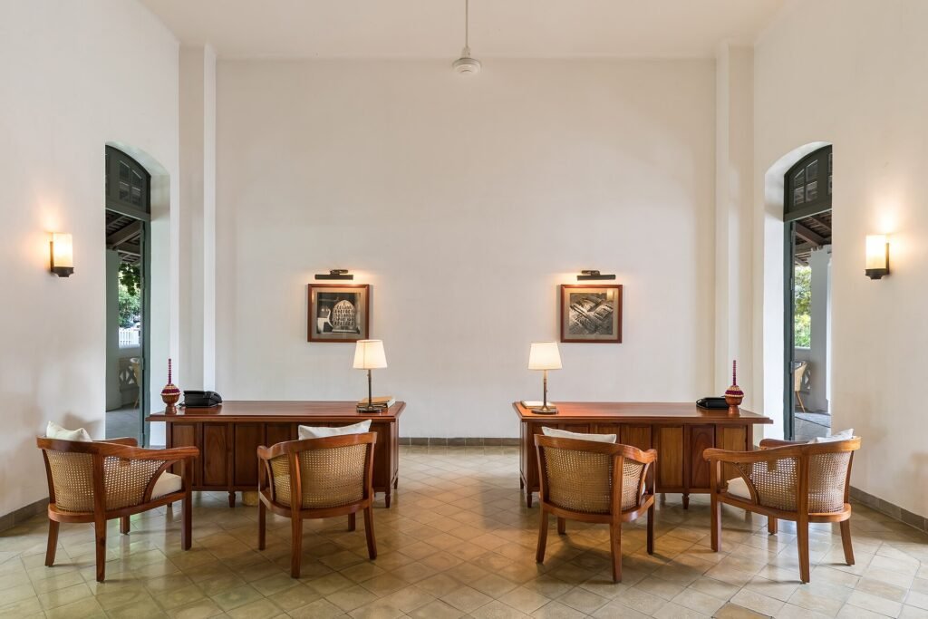 Reception desks in the lobby of a luxury resort hotel in Luang Prabang, Laos