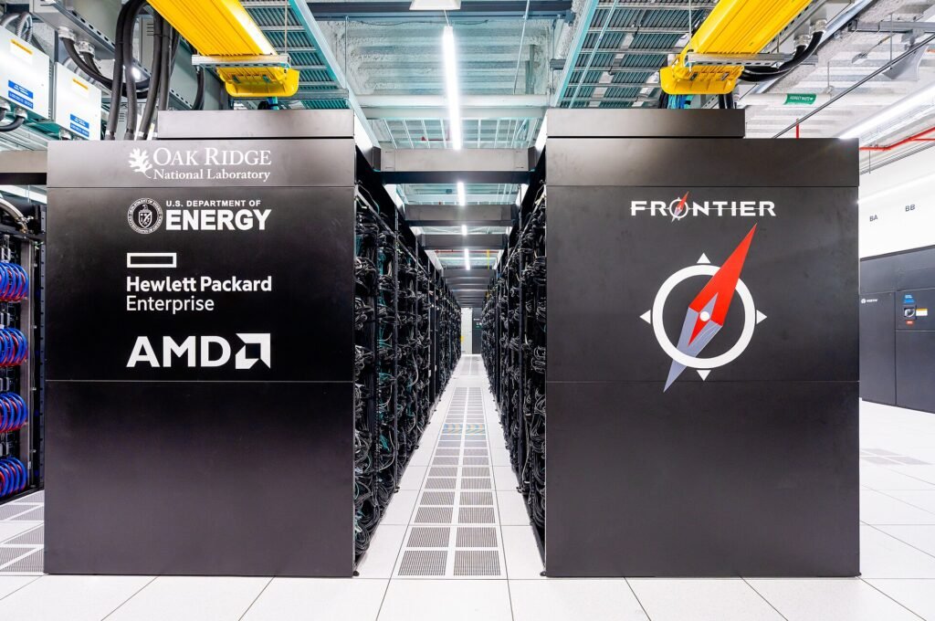 Rows of HPE Cray EX supercomputer cabinets of the Frontier system at Oak Ridge National Laboratory