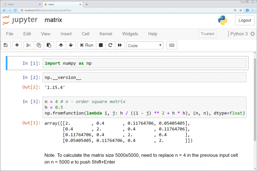 Screenshot of a Jupyter notebook running Python and NumPy code to build a matrix