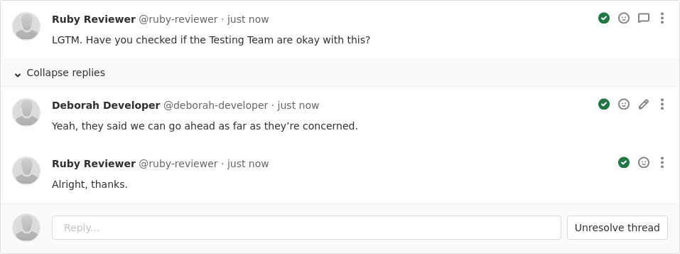 Screenshot of a threaded code review discussion on a GitLab merge request