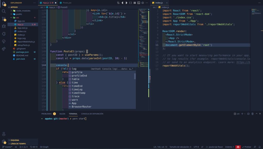 Screenshot of the Visual Studio Code editor with a JavaScript file, autocomplete menu and integrated terminal