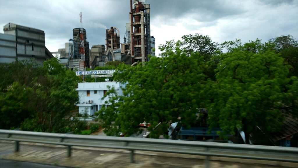 Silos and kiln structures of a cement plant in Virudhunagar, Tamil Nadu