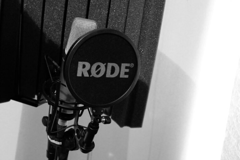 Studio condenser microphone on a stand with a pop filter in front and a curved reflection filter behind it