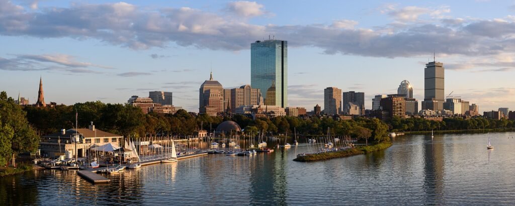 The Back Bay skyline of Boston, Massachusetts, seen across the water from the Longfellow Bridge