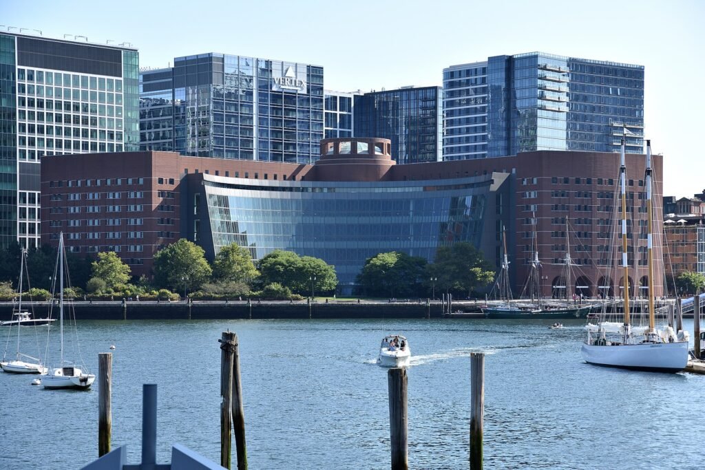 The brick, curved John Joseph Moakley United States Courthouse on the Boston waterfront
