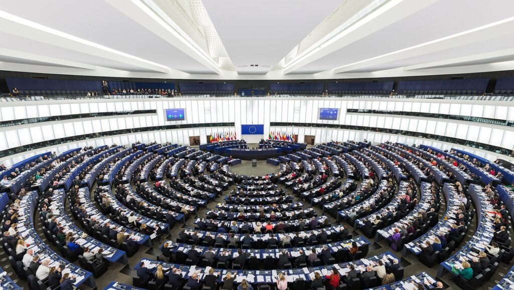 The European Parliament's hemicycle chamber in Strasbourg during a plenary session