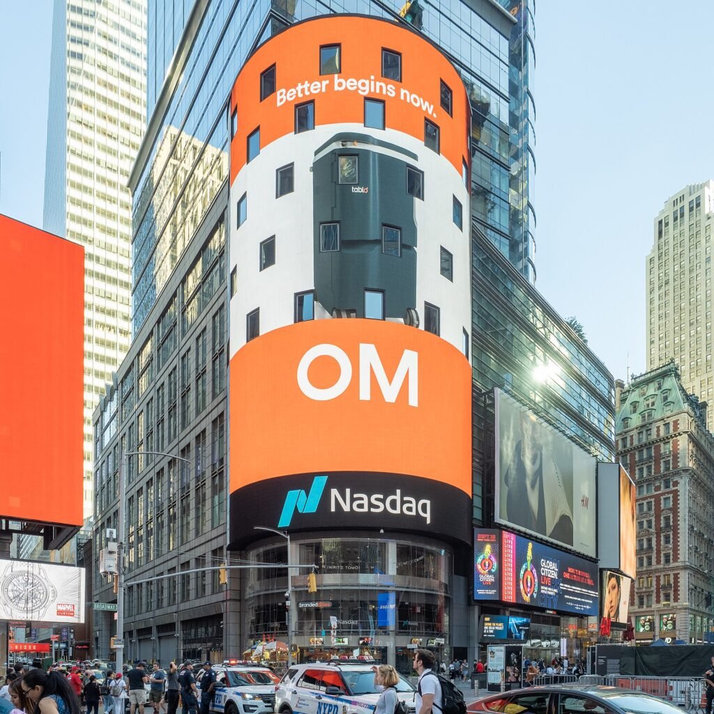 The Nasdaq MarketSite building and digital display in Times Square, New York