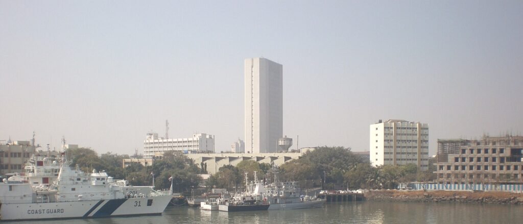 The Reserve Bank of India tower in Mumbai seen across the naval dockyard