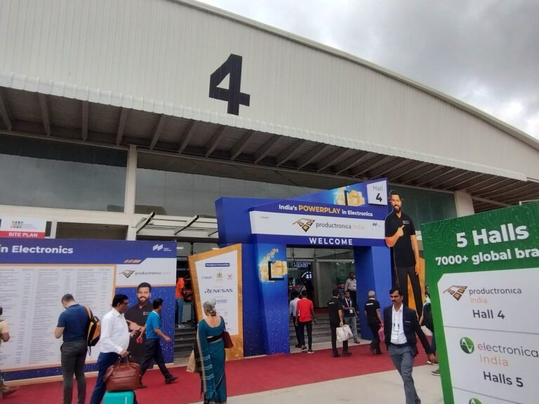 Visitors outside Hall 4 at the Electronica and Productronica India trade show at the Bangalore International Exhibition Centre in 2025