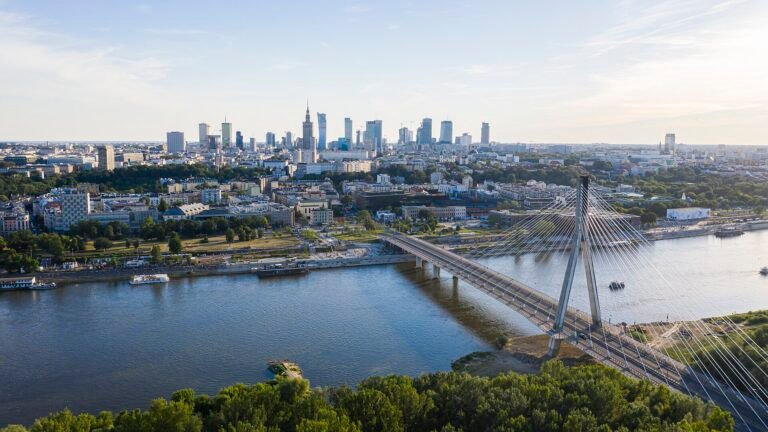 Warsaw city skyline with the Świętokrzyski Bridge over the Vistula river