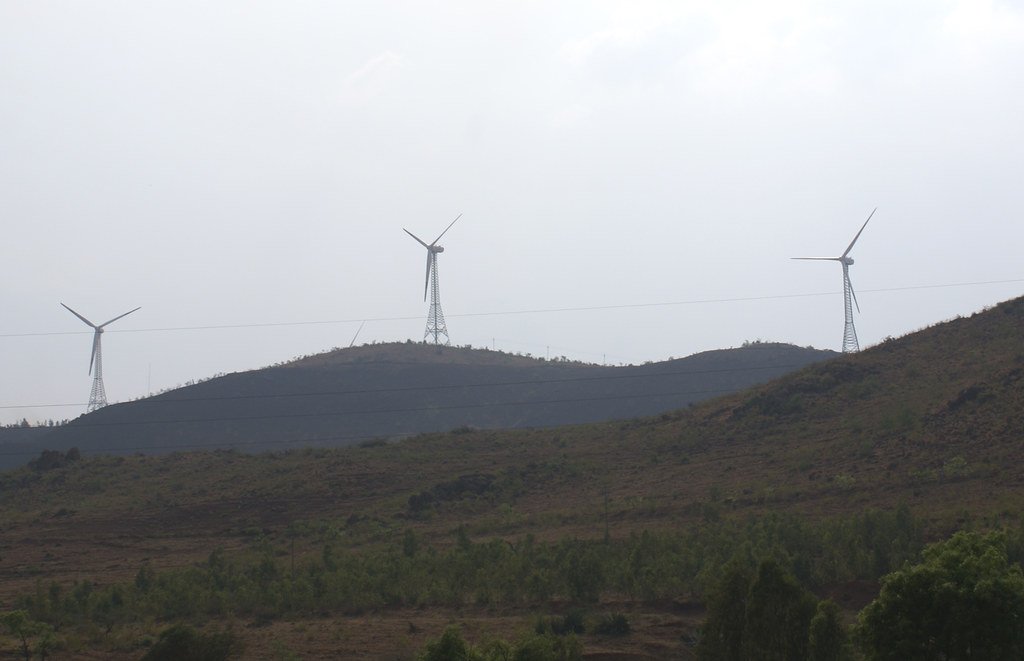 Wind turbines on a hillside along the road to Hampi in Karnataka