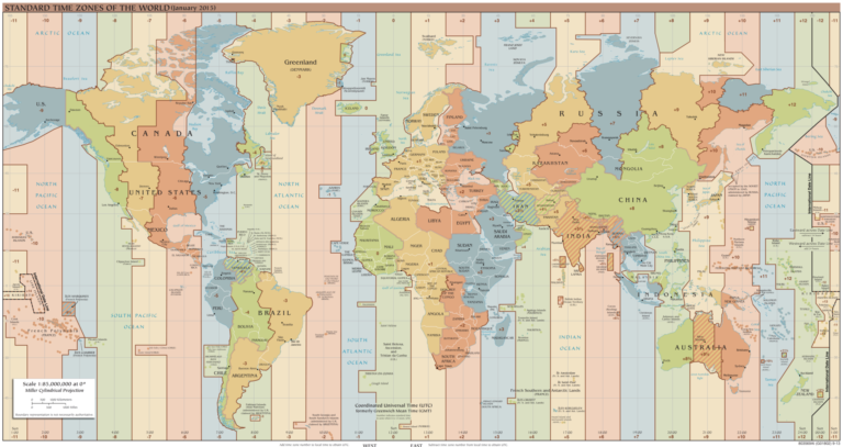 World map coloured by time zone with UTC offsets marked across continents
